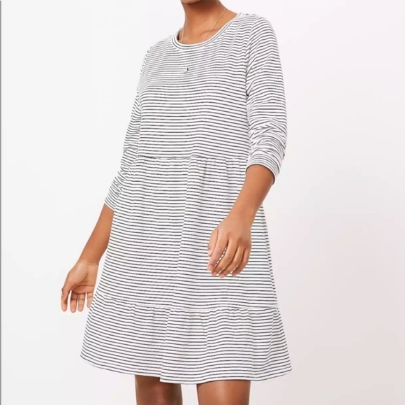 Loft Quiet Luxury Striped Tiered Midi Coastal Chic Swing Dress, Large - Picture 1 of 5